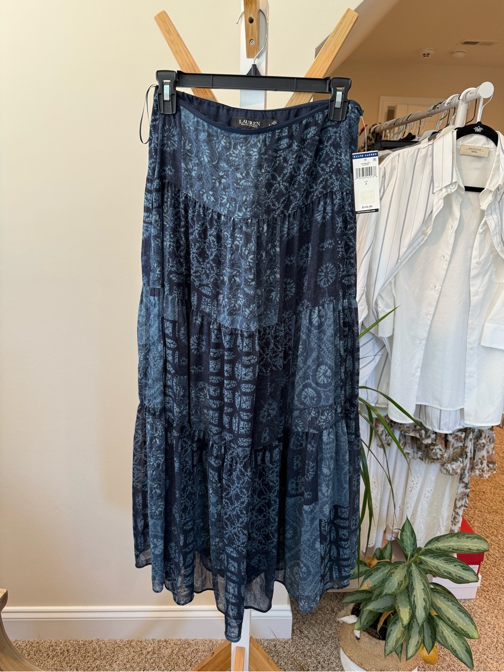 Ralph Lauren Navy and Light Blue Printed Tiered Maxi Skirt